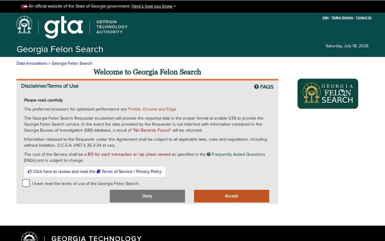 Georgia Felon Search transaction portal