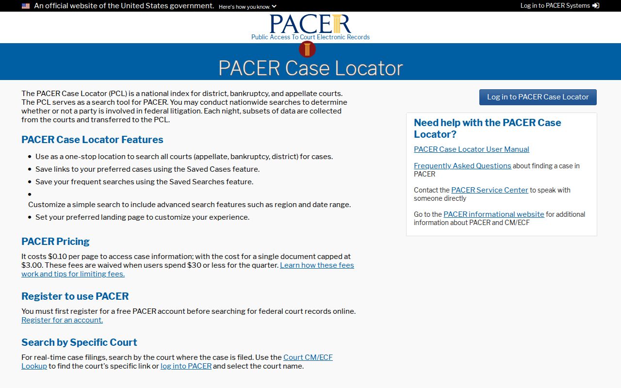 PACER Case Locator search interface