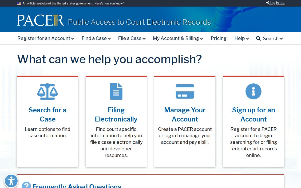 PACER federal court records homepage